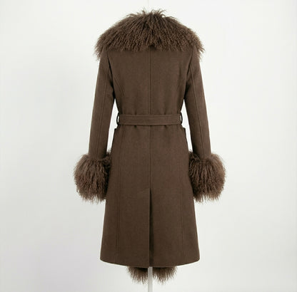 Wool Coat with Mongolian Shearling Details