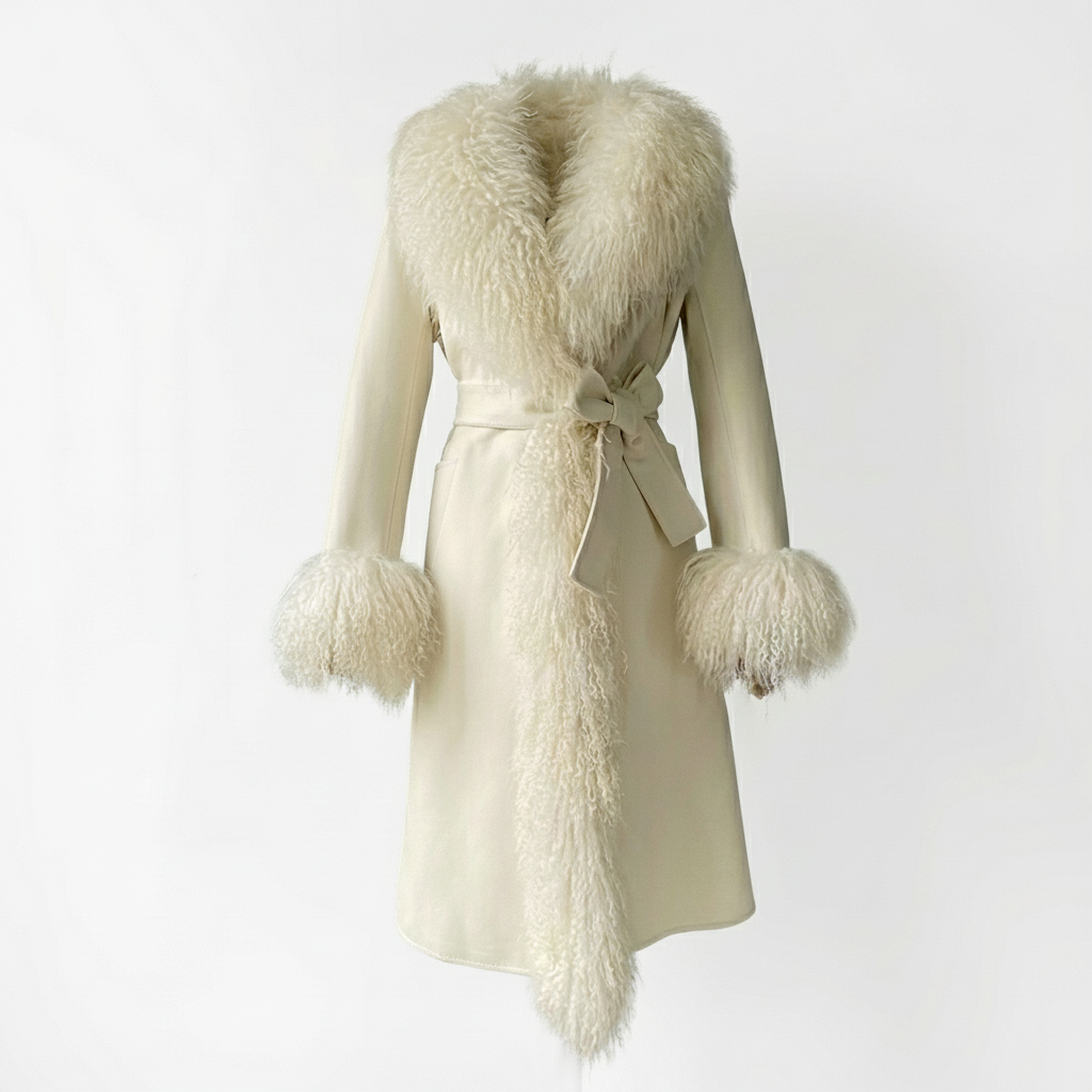 Wool Coat with Mongolian Shearling Details