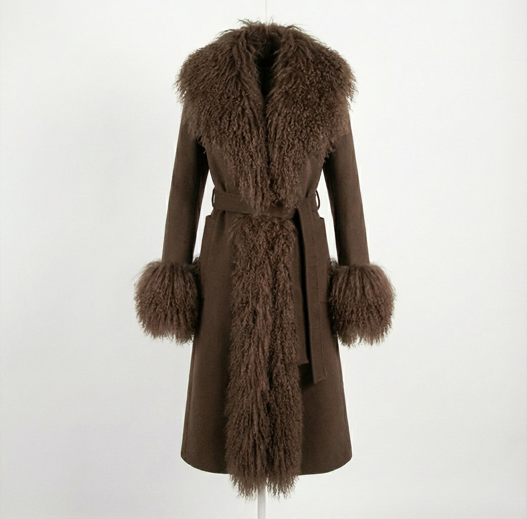 Wool Coat with Mongolian Shearling Details