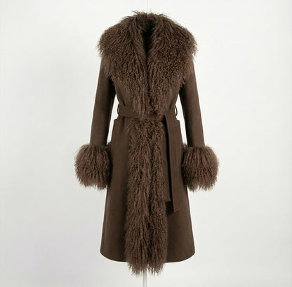 Wool Coat with Mongolian Shearling Details